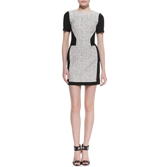 TIBI Dress Womens Size 0 White Peppered Tweed Ponte Stretch Colorblock Sheath - Picture 1 of 10